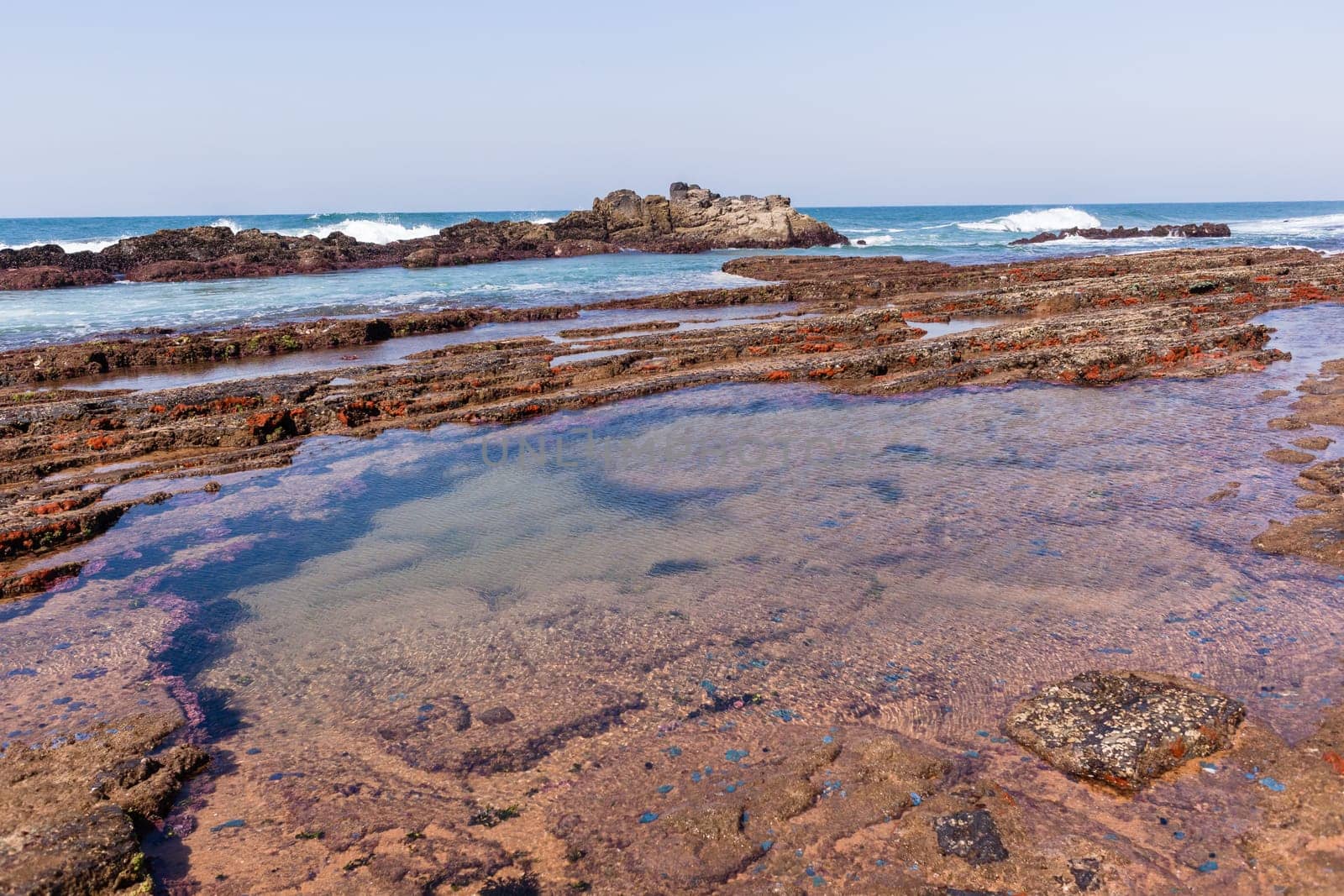Beach Rocky ocean coastline tidal water pools closeup nature landscape..