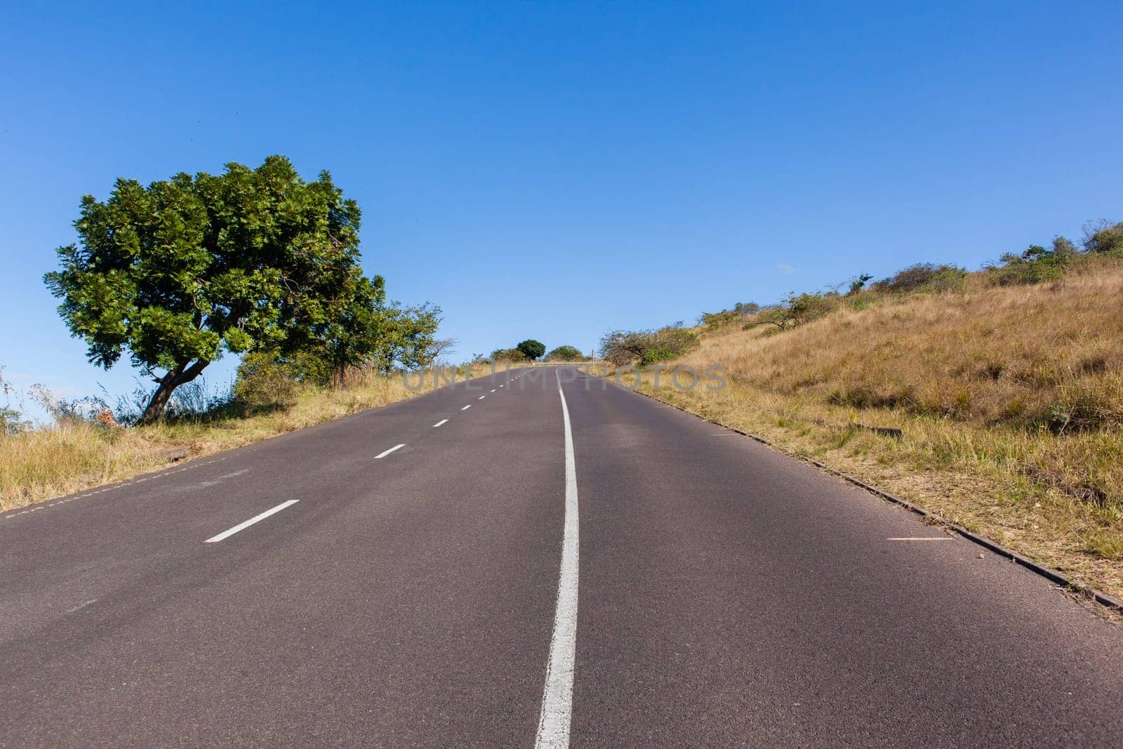 Standing middle of steep uphill road route with blue sky.