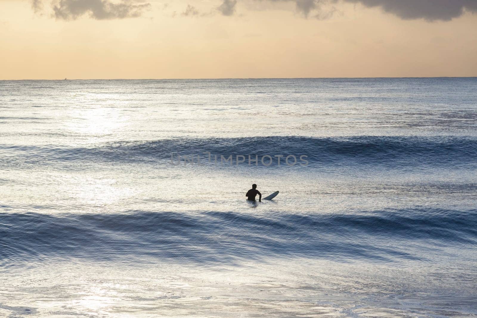 Surfer in ocean silhouetted waiting for waves early morning sunrise surfing session.