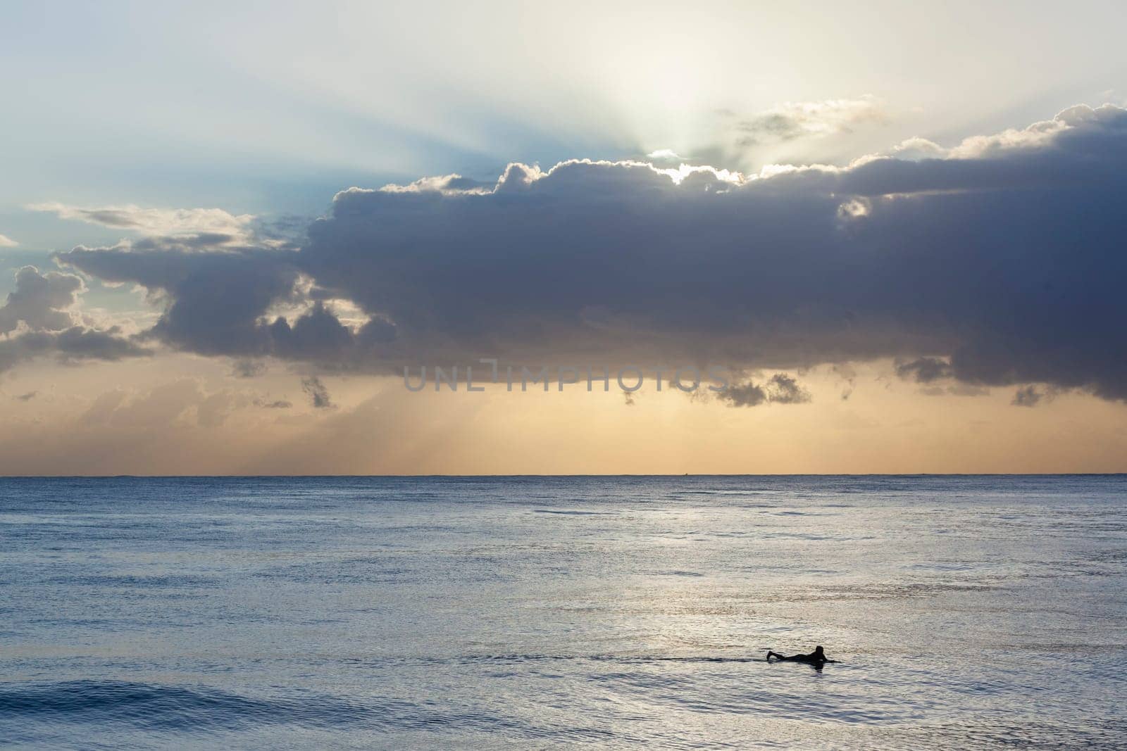 Surfer in ocean silhouetted waiting for waves early morning sunrise surfing session.
