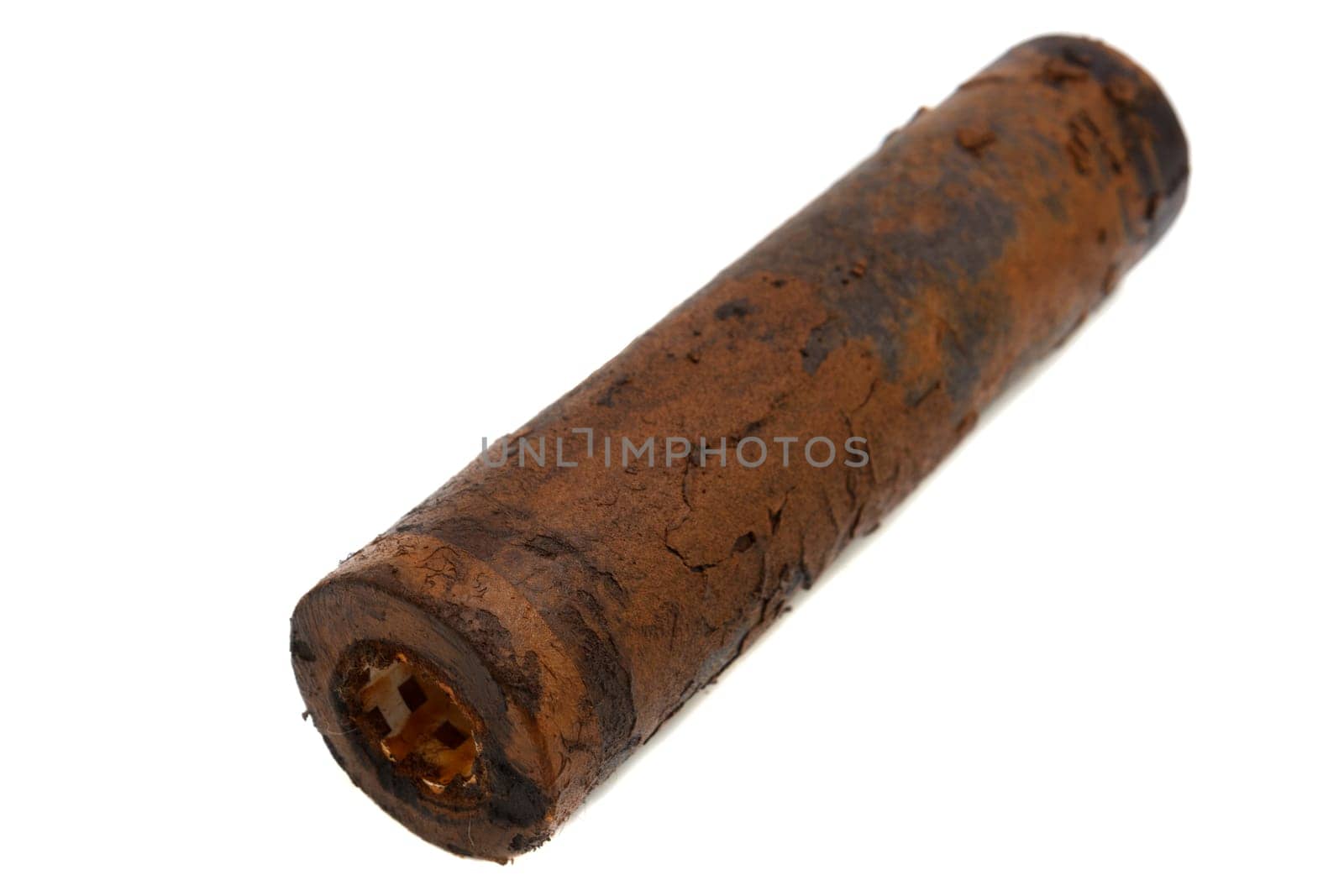 very dirty rusty water filter on white background