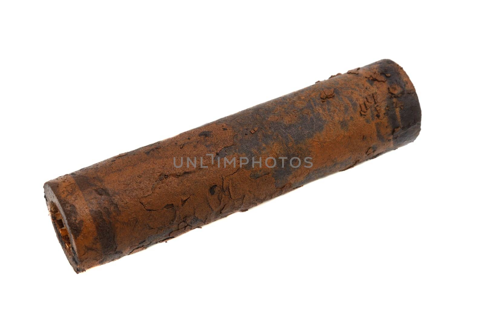 very dirty rusty water filter on white background
