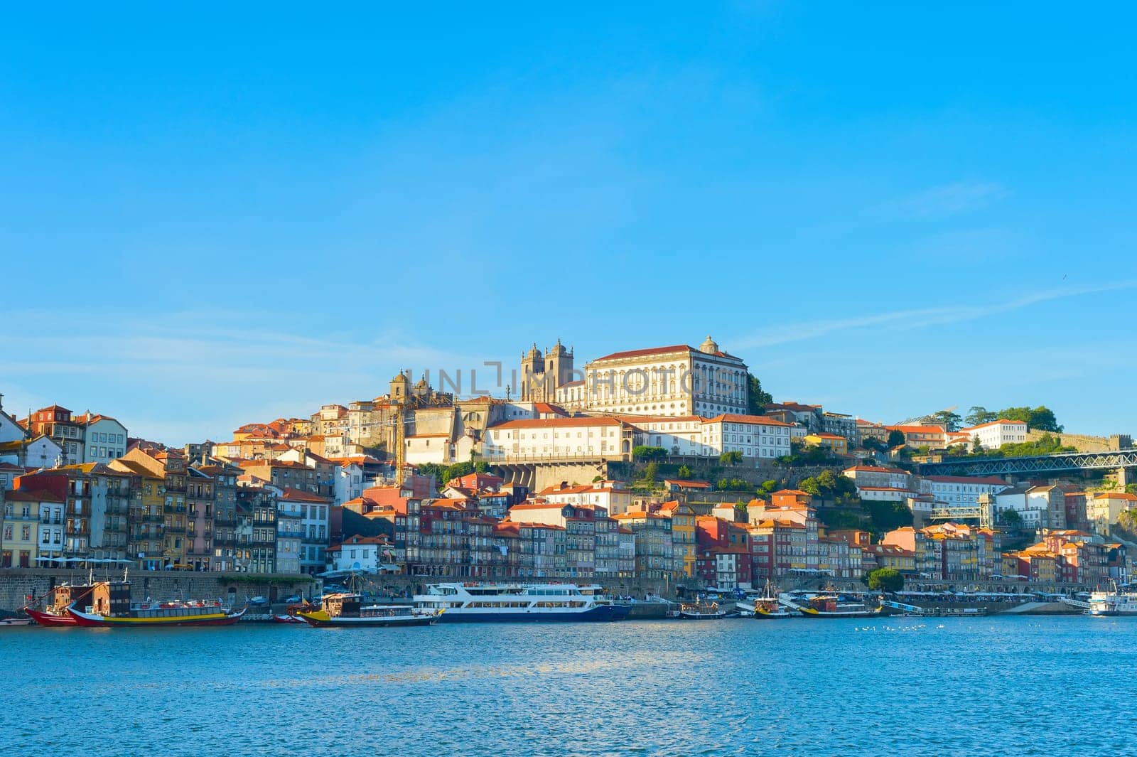 Porto Cathedral, Ribeira, Old Town, Douro river at sunset. Porto, Portugal
