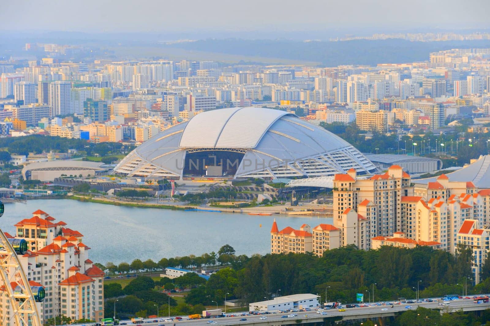 National stadium of Singapore. Aerial view at sunset