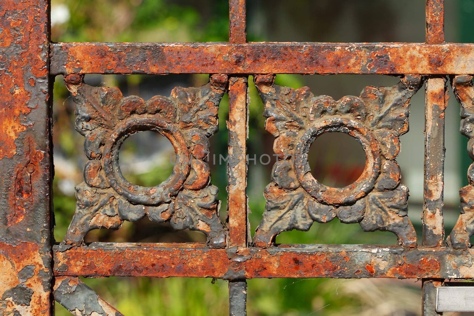 Old rusty decorated garden fence made of cast iron