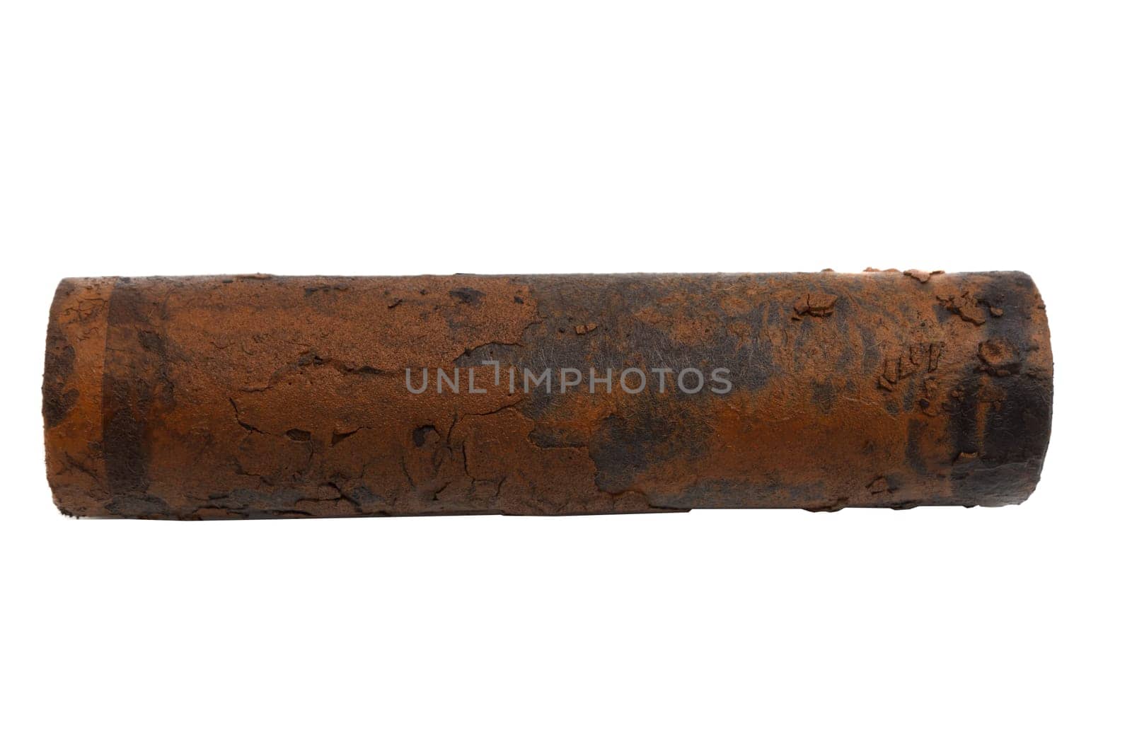 very dirty rusty water filter on white background
