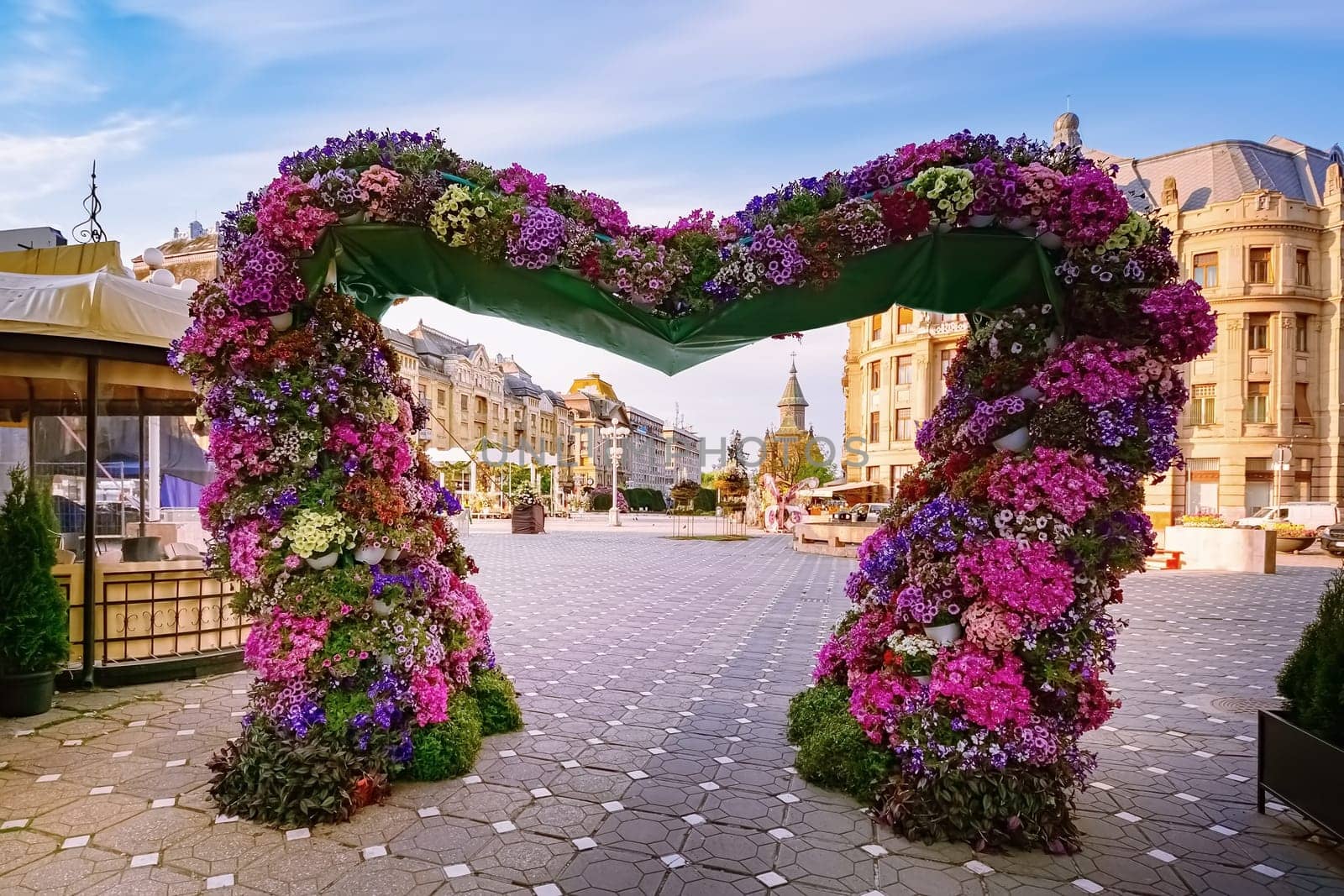 Flower arch on the Victory Square (Piata Libertatii) in Timisoara, Romania