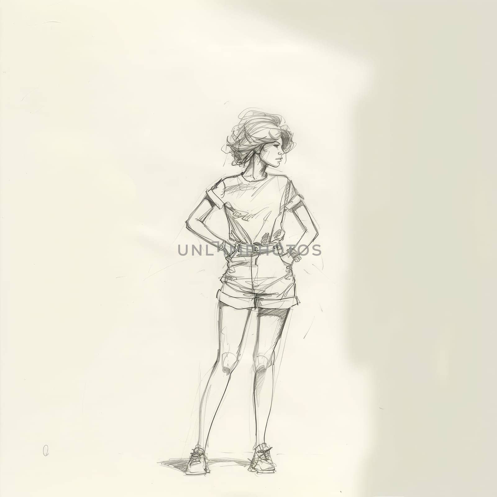 Individual in a simple t-shirt and shorts stands confidently with hands on hips, enjoying a sunny day in the park. The scene captures a casual vibe and youthful energy.