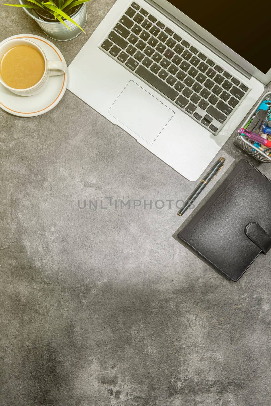 Top view of business desk with laptop, coffee, potted plant, notebook and business accessories on the office