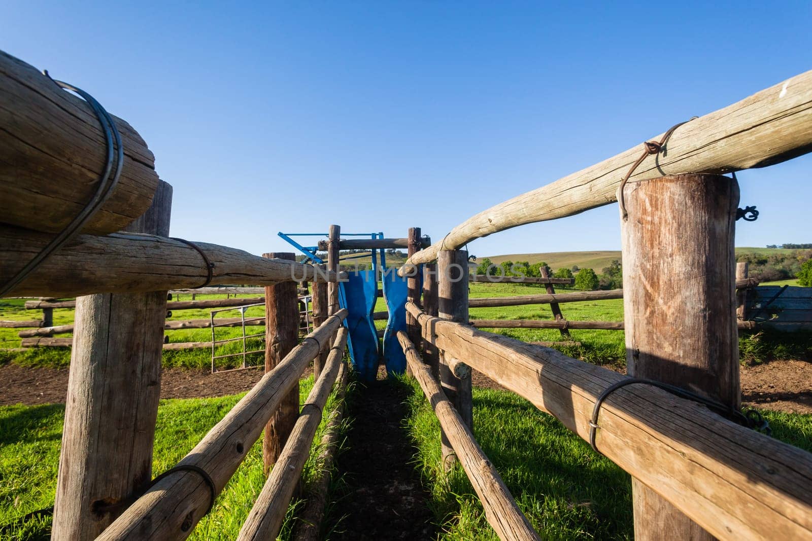 Farm rural fence wire poles cattle animal pen corral mountain landscape.