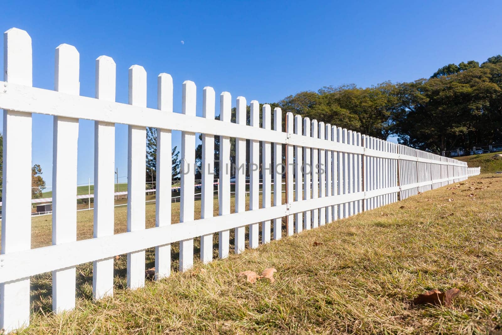 Boundary three feet wood white fence boundary across grass field blue sky day