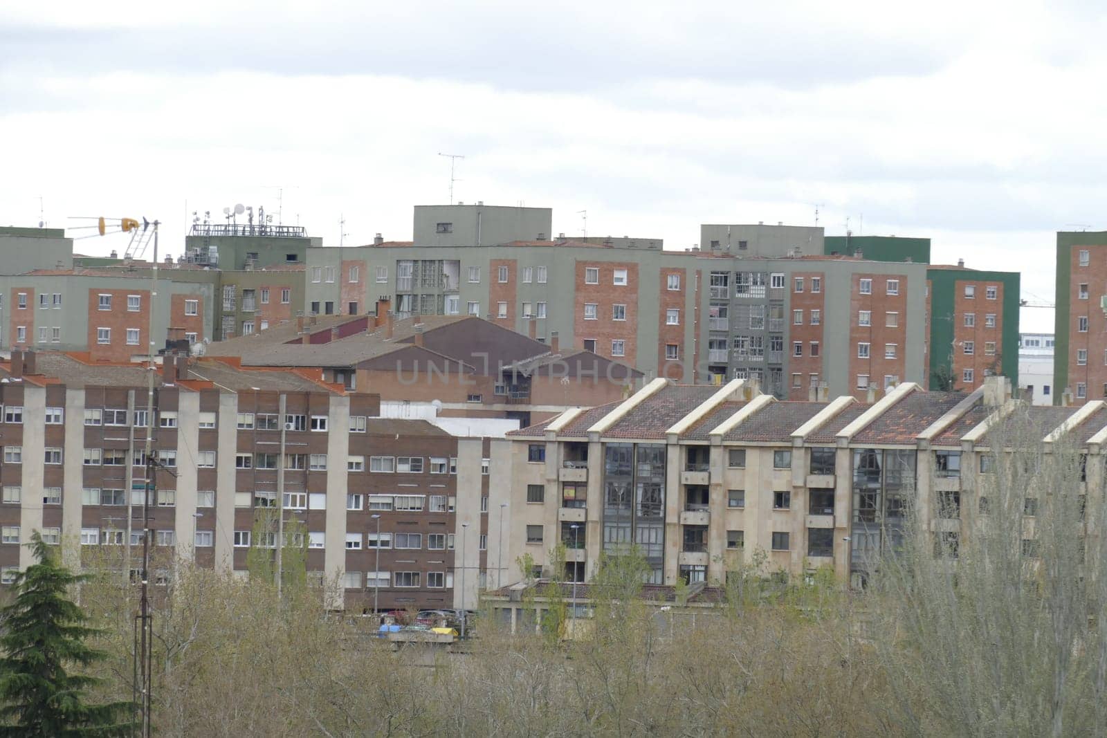 Modern residential buildings, cloudy sky, Salamanca, Castilla and León, Spain