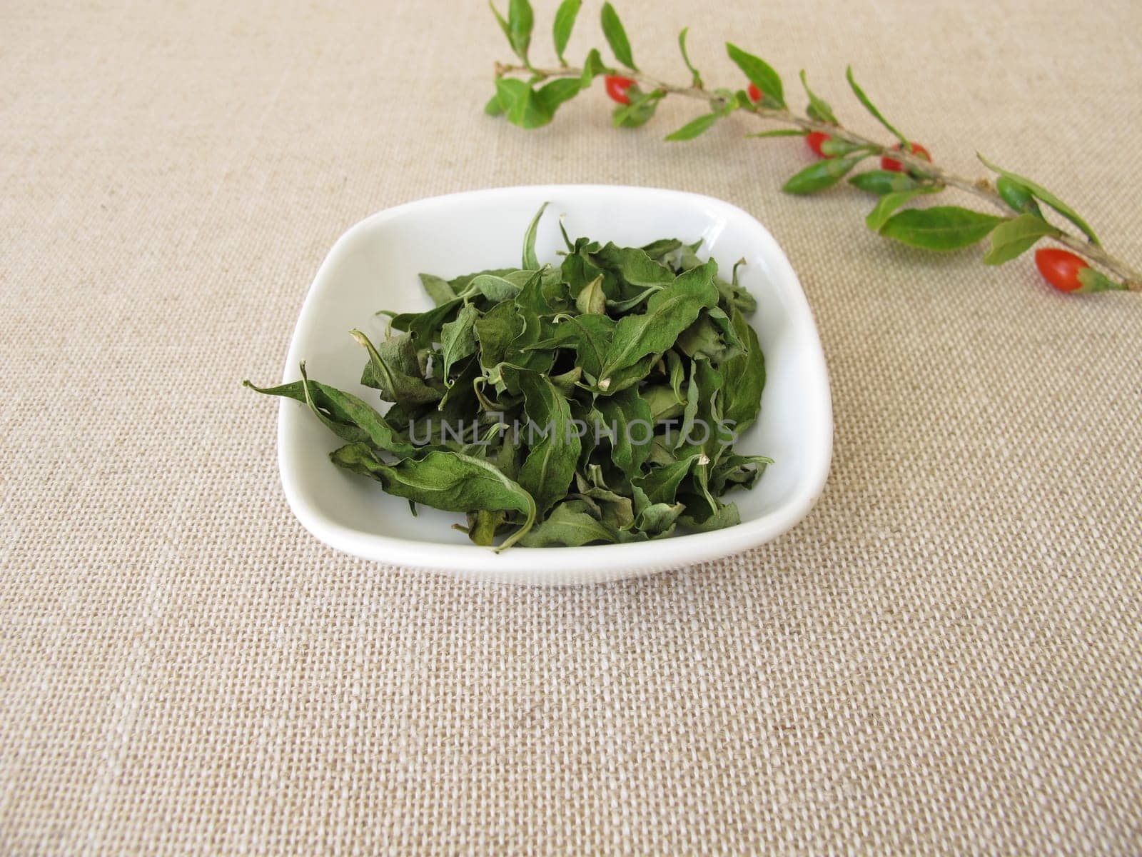 Dried goji leaves in a bowl and a fresh wolfberry twig