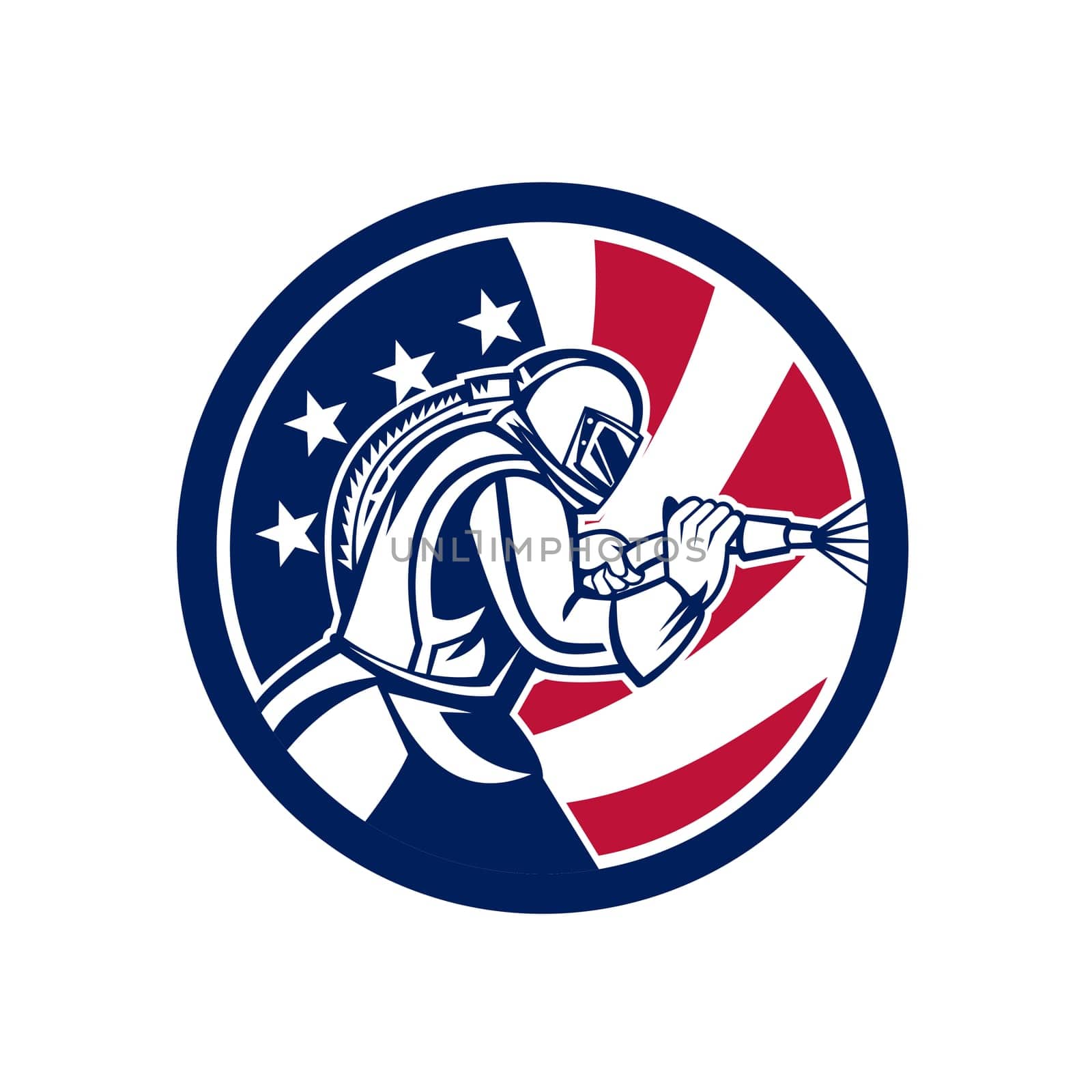 Mascot icon illustration of an American sandblaster or sand blaster abrasive blasting viewed from side set inside circle with USA stars and stripes flag on isolated background in retro style.