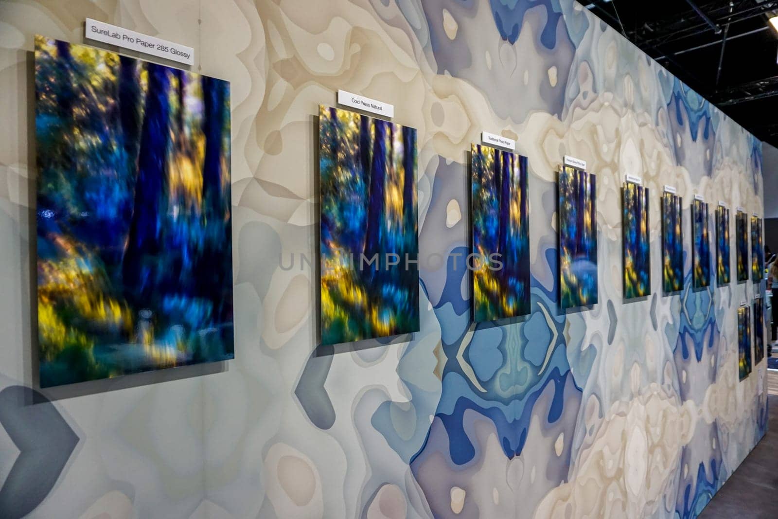 COLOGNE, GERMANY - SEPTEMBER 21, 2016: Photokina Exhibition interior. The Photokina is the world's largest trade fair for the photographic and imaging industries. Photo paper samples in the Photokina Exhibition.