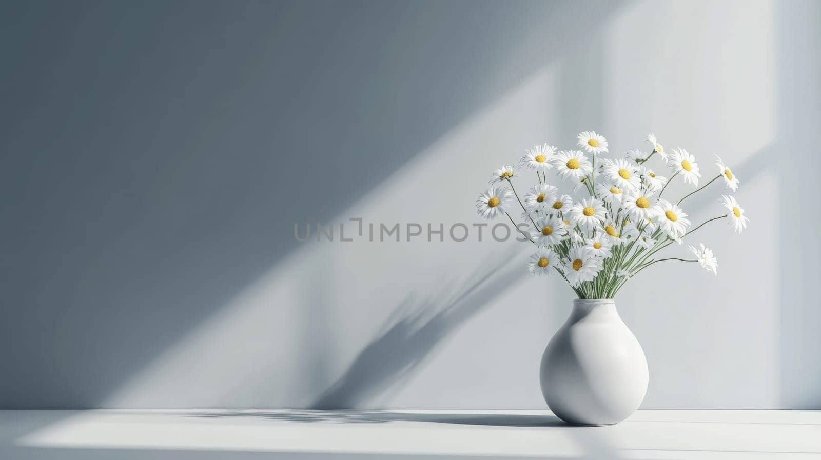 Soft natural light highlights a minimalist vase filled with white flowers against a smooth gray wall, creating a serene and modern atmosphere in a high-tech interior.