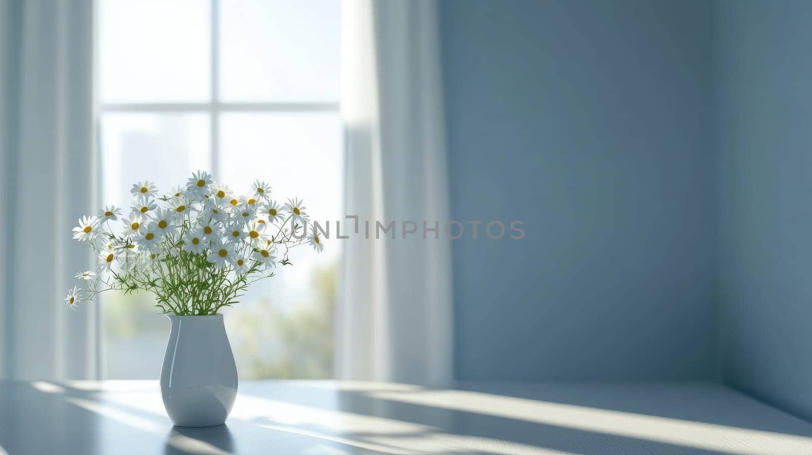 A high-tech interior showcases a white vase filled with daisies, capturing natural light from the nearby window. The ambiance suggests tranquility and modern elegance.