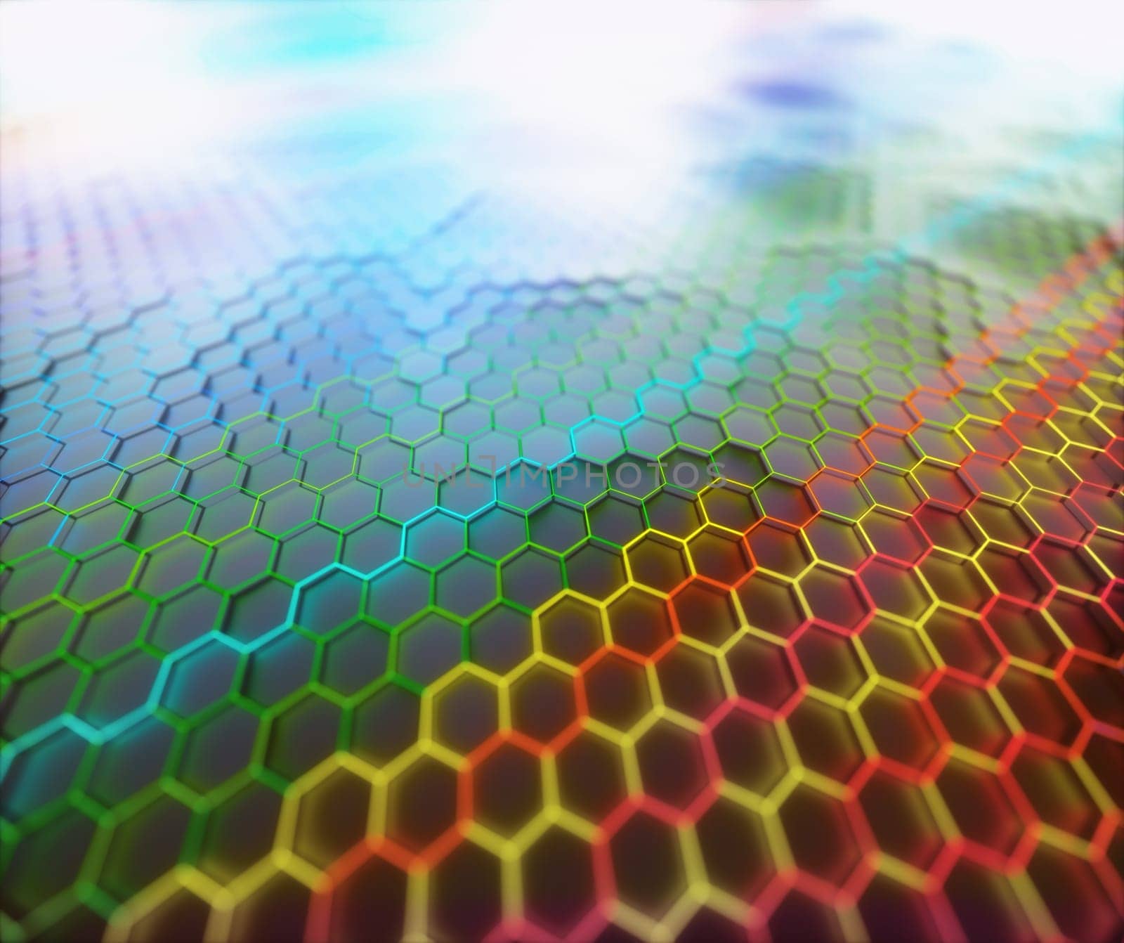 Colored graphene. Conceptual abstract background image with graphene structural pattern. 3D illustration.