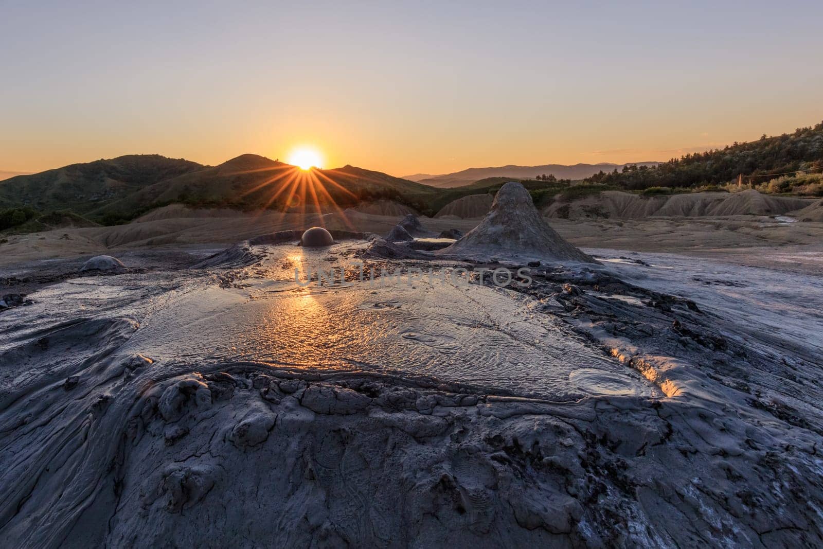 sunset in Mud Volcanoes. Buzau county, Romania