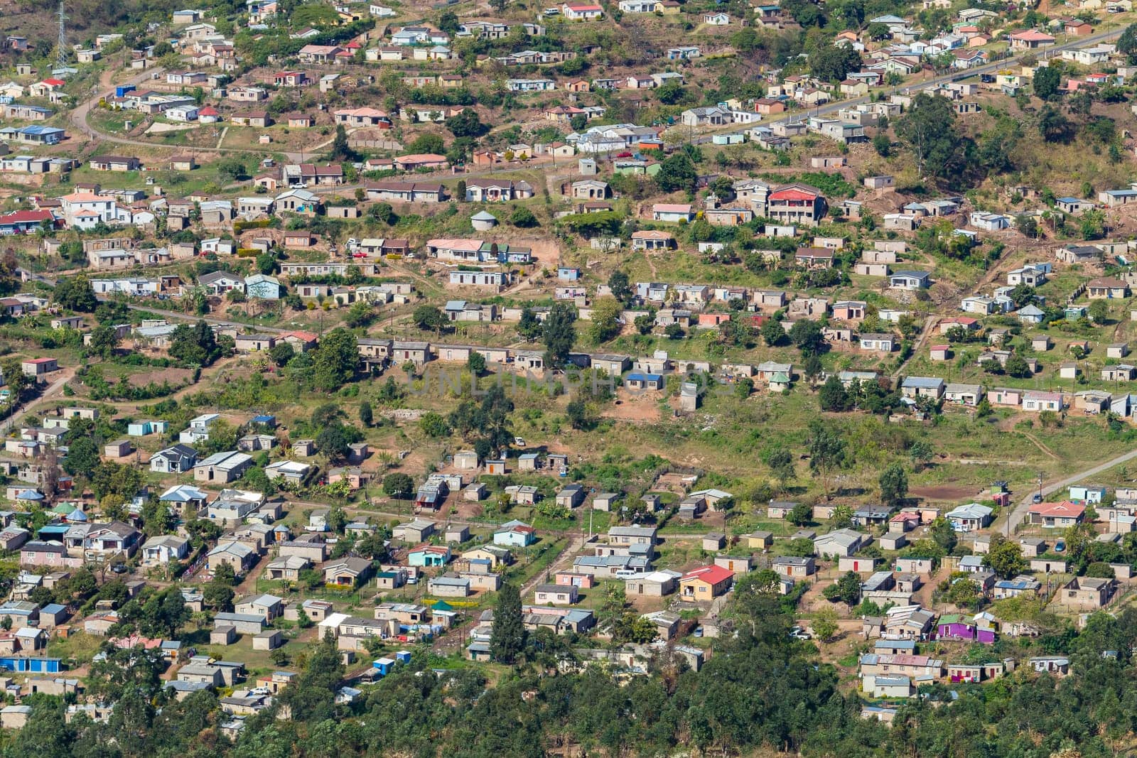 Overlooking rural home houses in Marianhill highway rural countryside landscape.