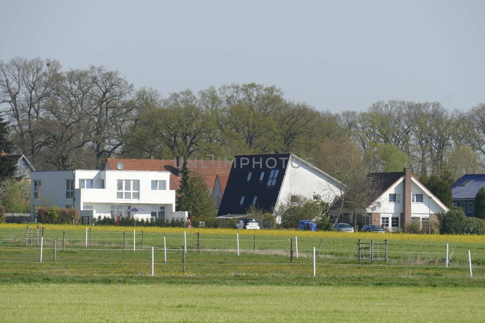 Modern residential buildings, one-family houses, fields, Lower Saxony, Germany, Europe