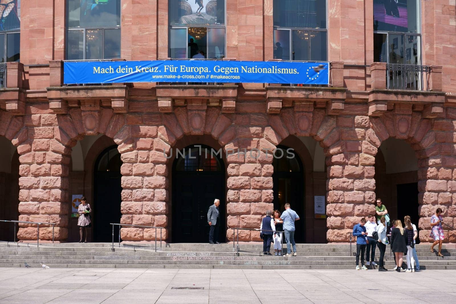 Mainz, Germany - May 27, 2019: A poster for the 2019 European elections over the entrance of the state theater on May 27, 2019 in Mainz...