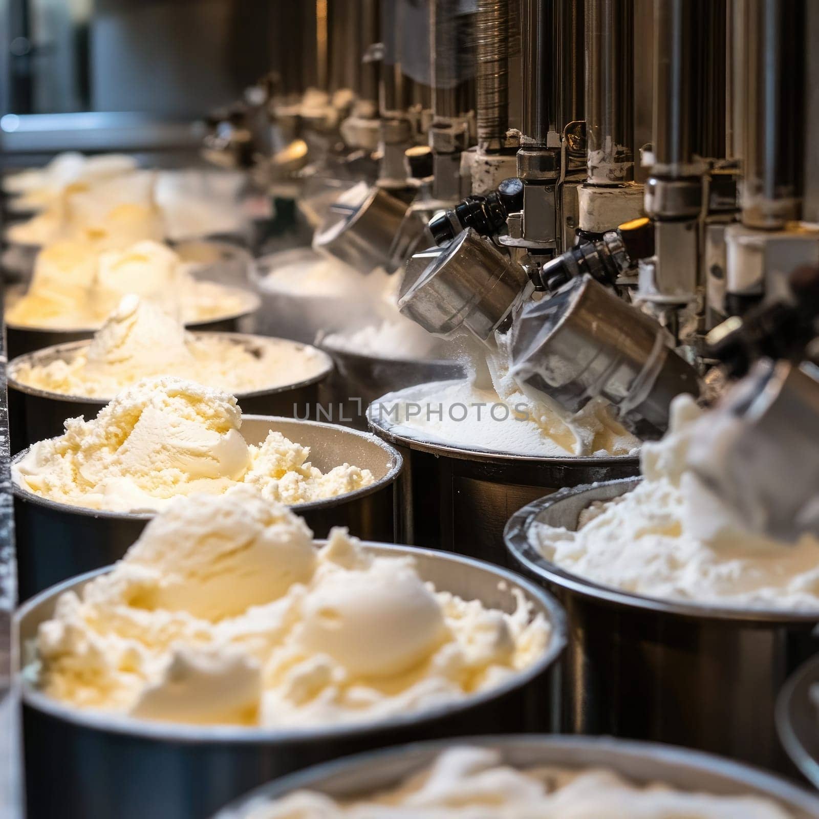 The factory interior displays a production line where machines fill containers with fresh cream. The working environment emphasizes efficiency and quality control in dairy processing.