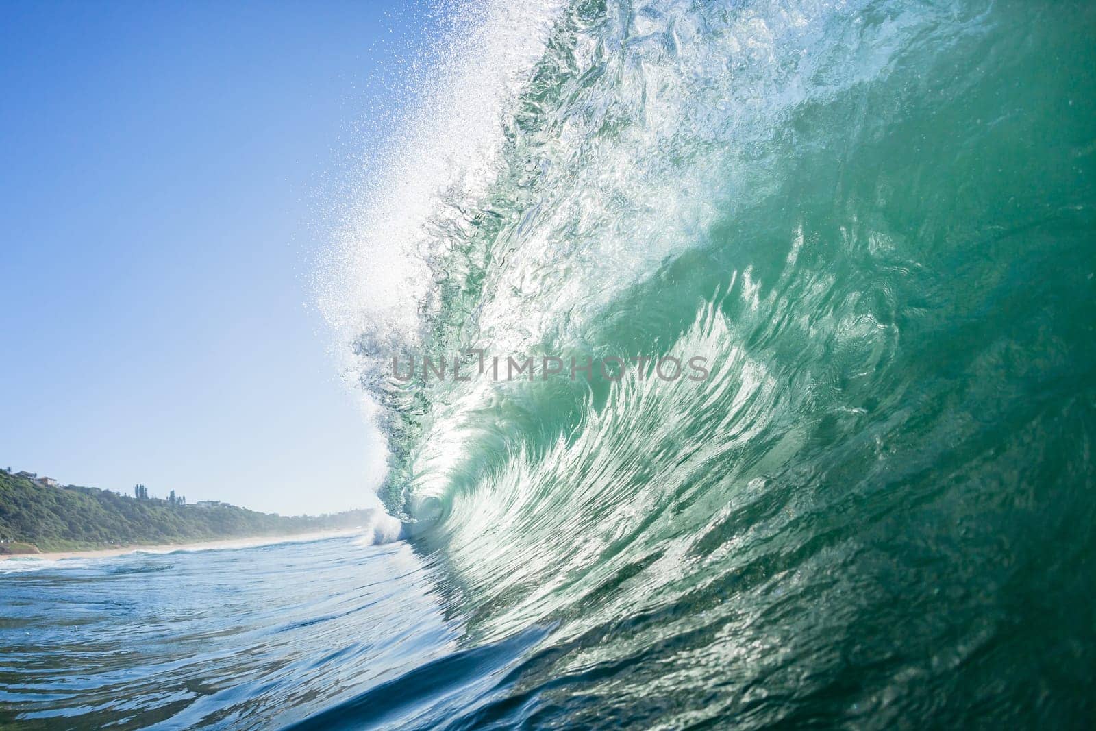 Ocean swimming closeup encounter water photo inside hollow crashing wave.
