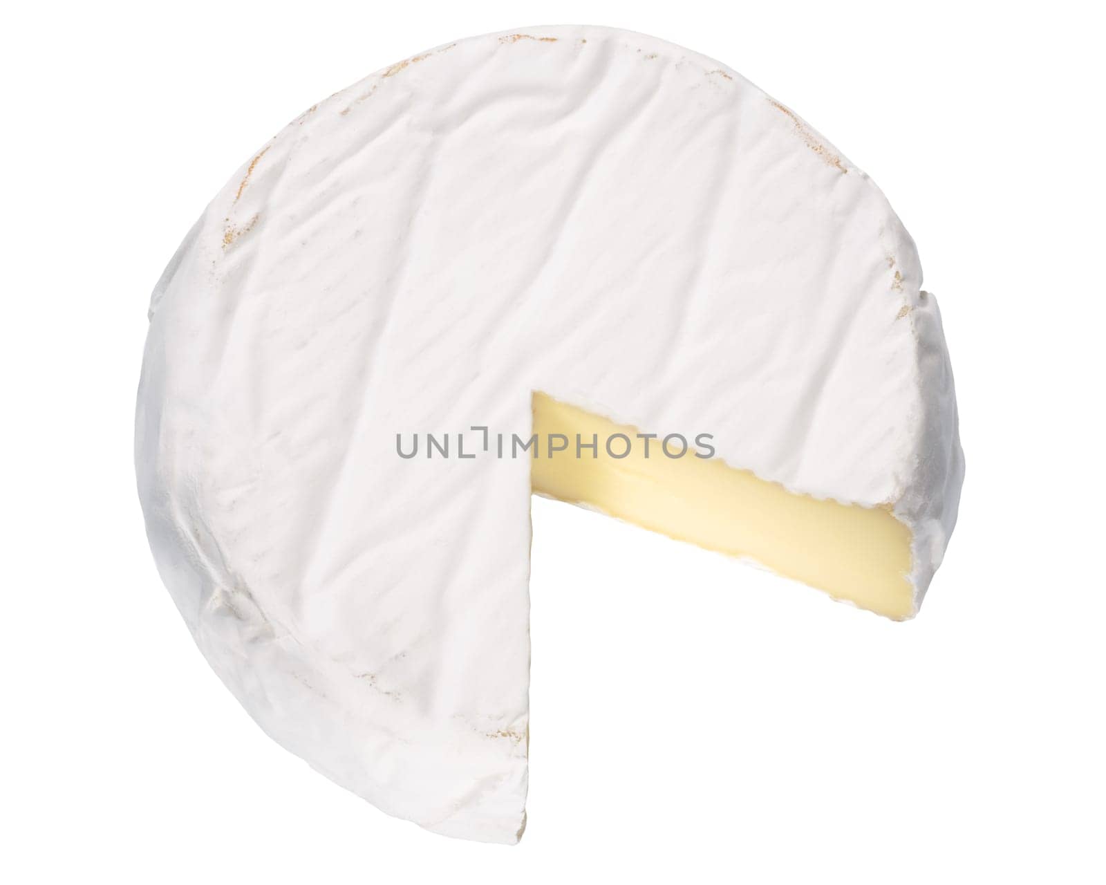 Camembert or brie soft-ripened cheese with white mold, top view