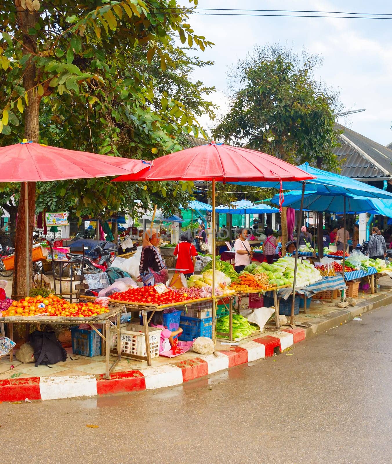 PAI, THAILAND - JANUARY 10, 2017: People buying fresh grocery at Thailand food grocery market in Pai city street