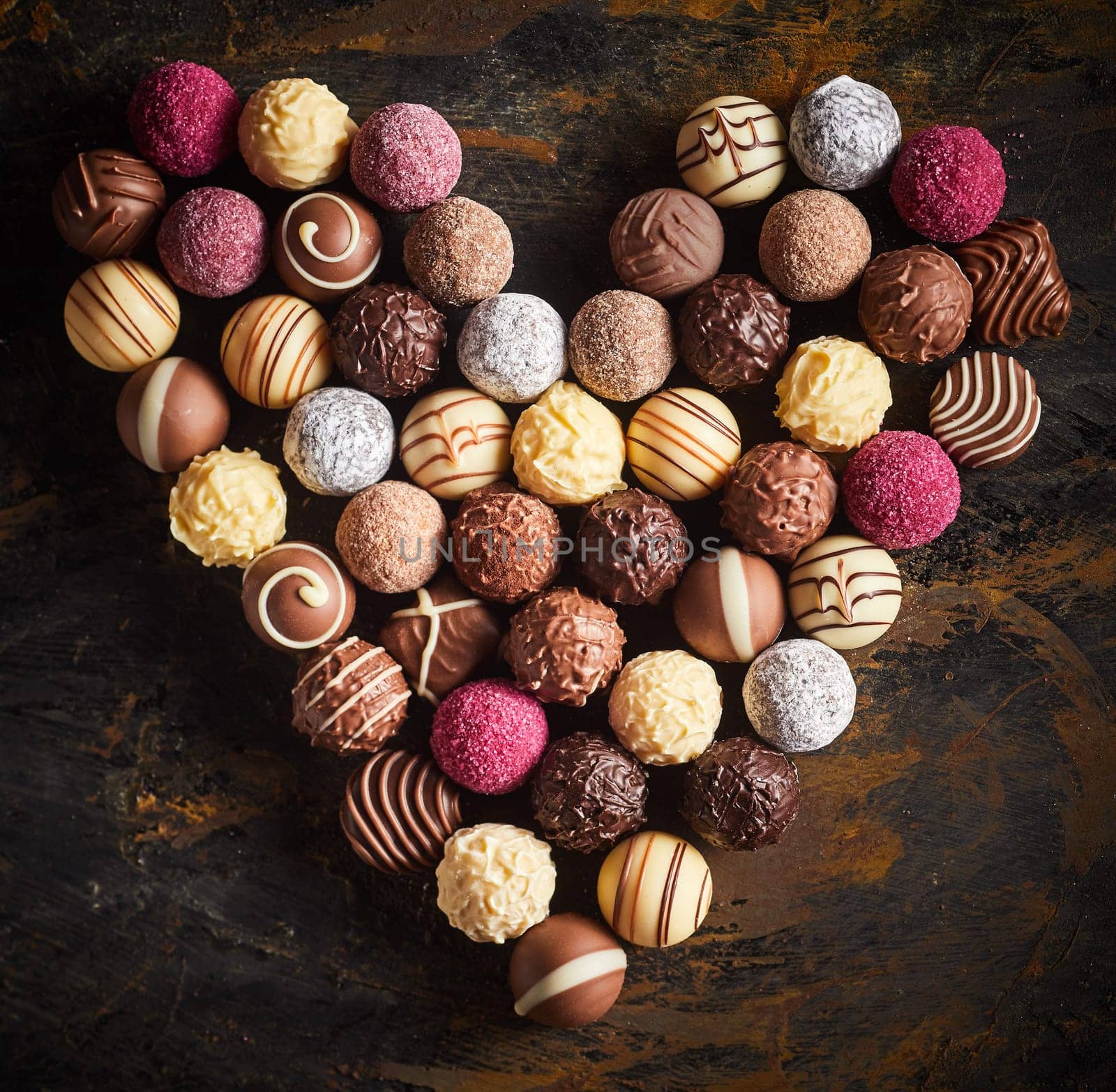 Gourmet handmade round assorted chocolates in a heart shape on a rustic wood background in square format symbolic of love