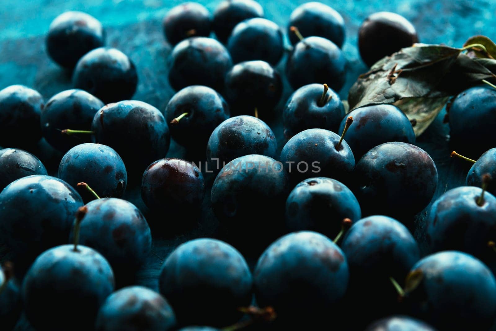many fresh plums on blue background close up