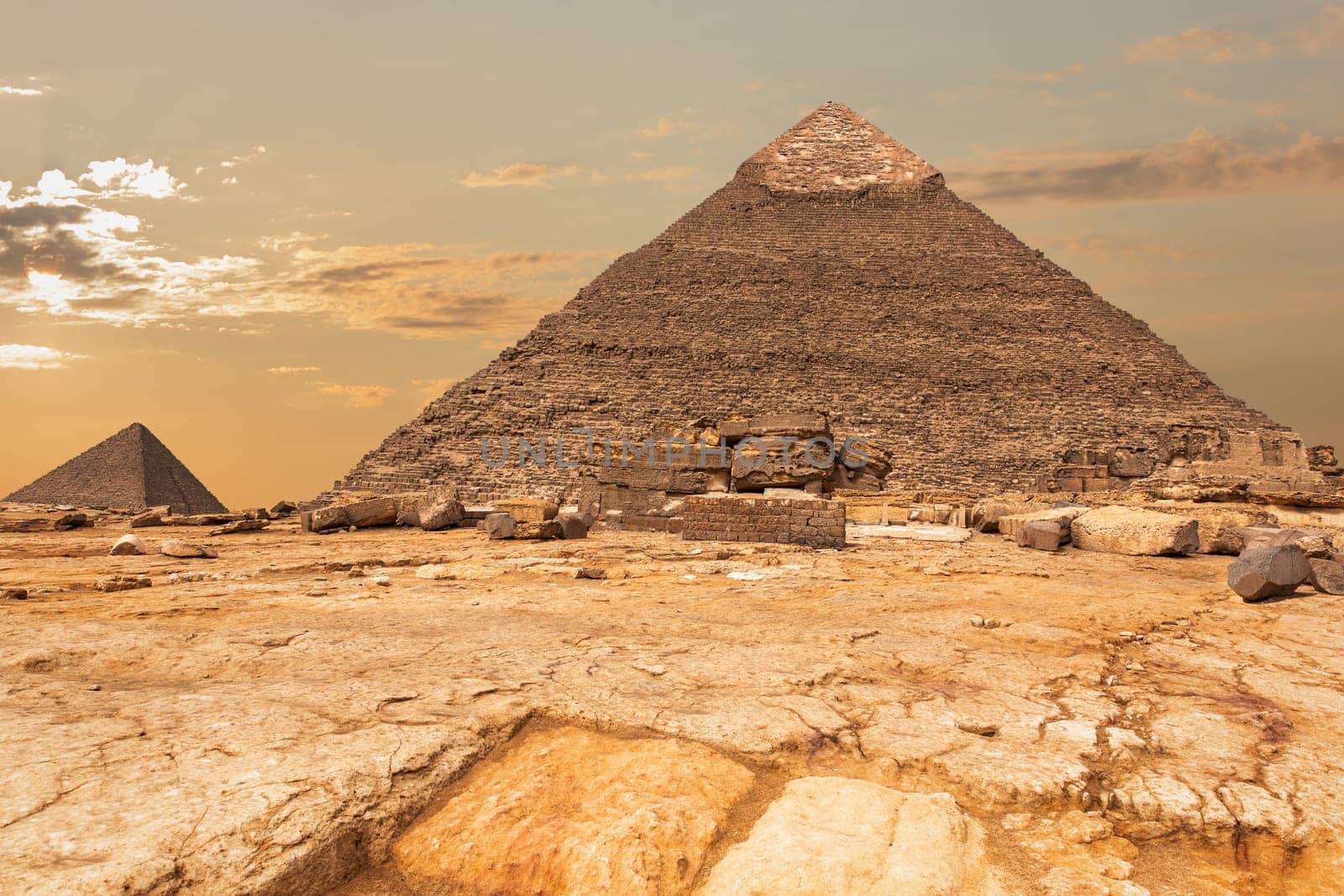 The Pyramid of Khafre and the Pyramid of Menkaure view in Giza, Egypt.