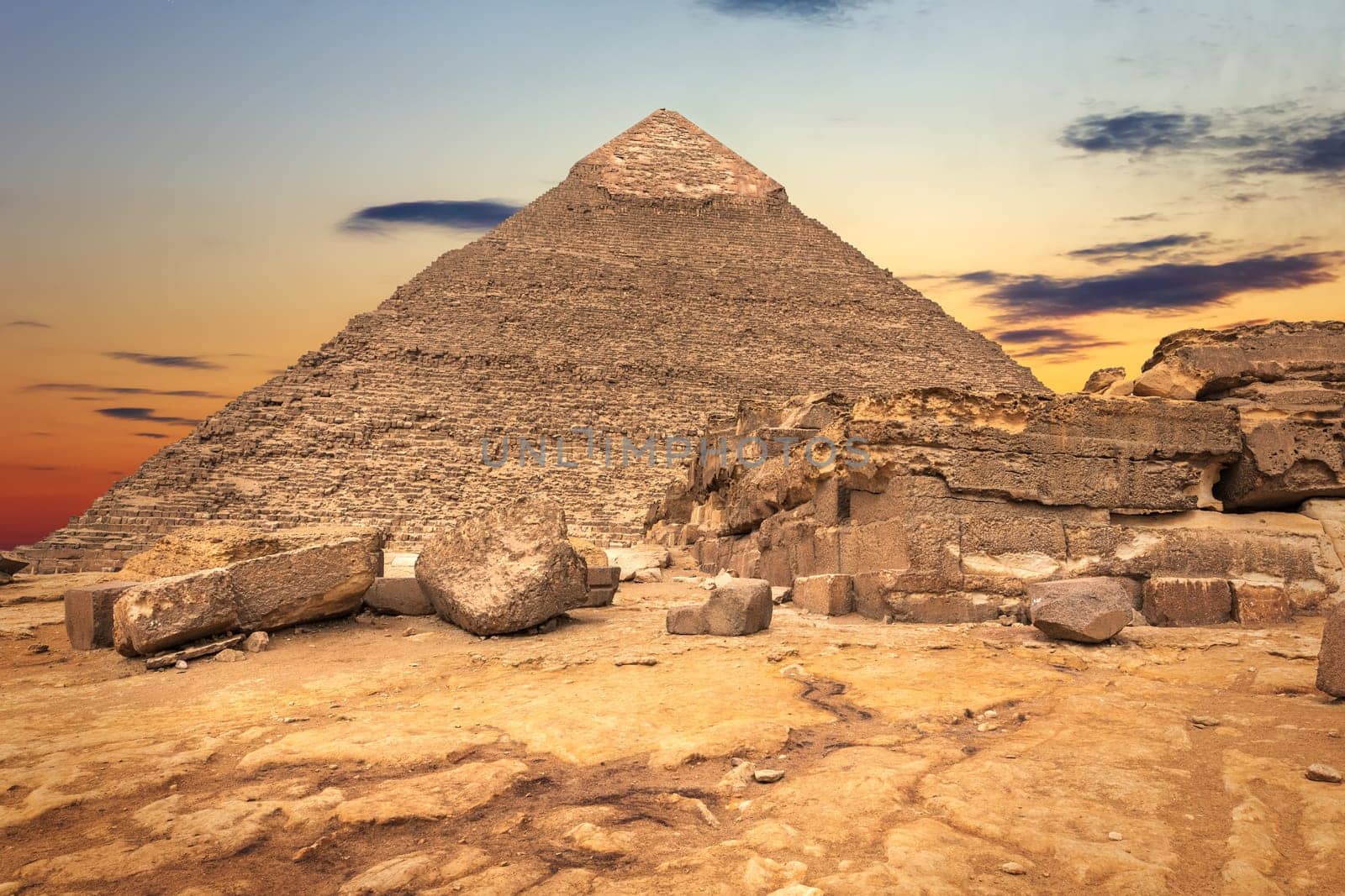 The Temple ruins and the Pyramid of Khafre, Giza, Egypt.