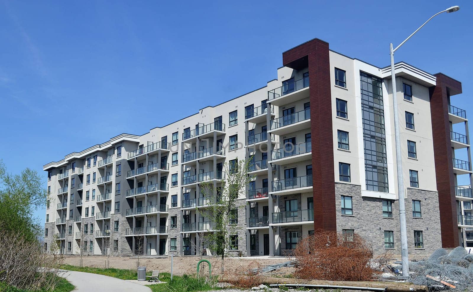 The construction site of a new 6 story condominium building on the.outskirt of Hamilton, Canada.