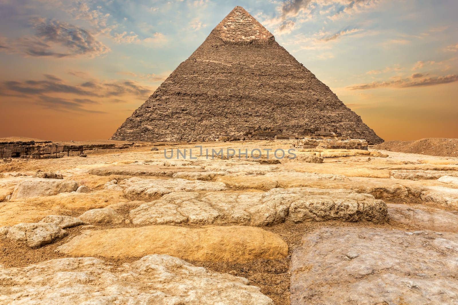 The Pyramid of Chephren in Giza, sunset view.