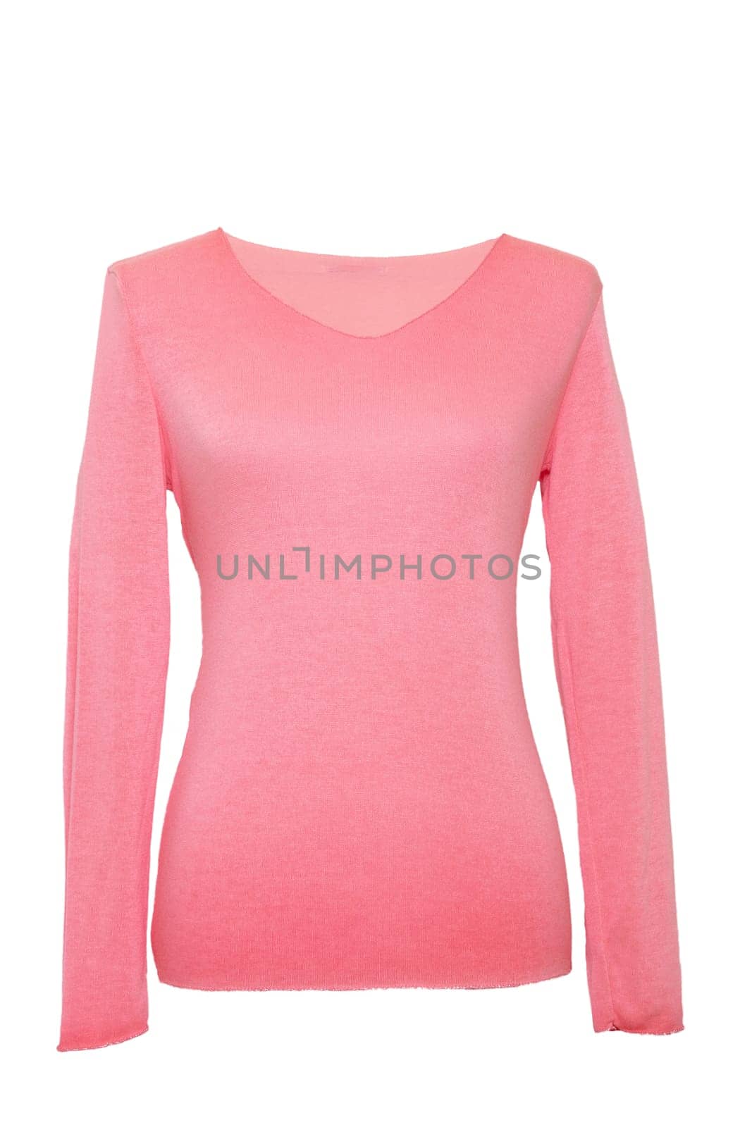 Woman clothes sweater on white. Female coral luxurious knitted light wool pullover sweater from front site isolated on a white background.