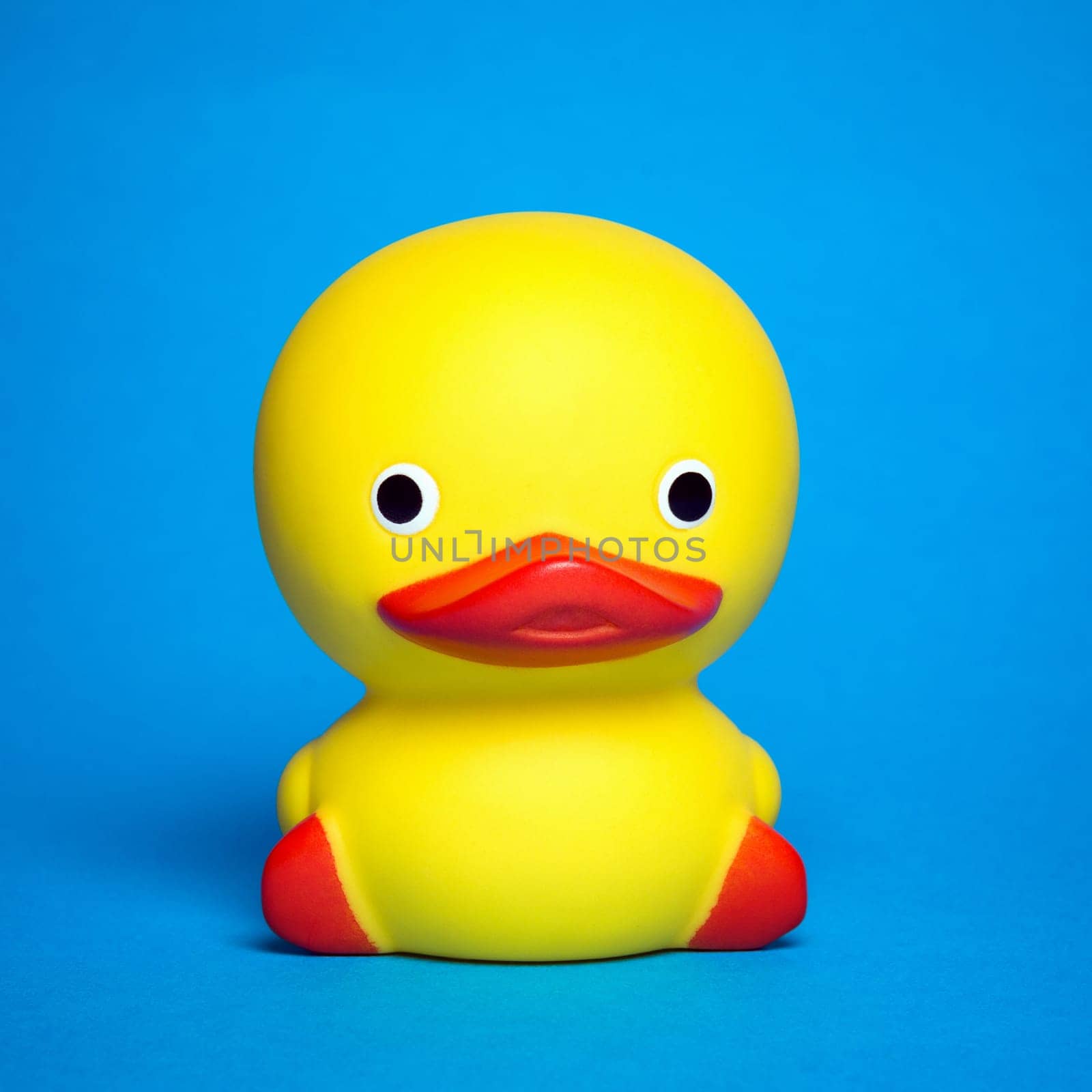 Cute yellow bath duck toy on blue background.