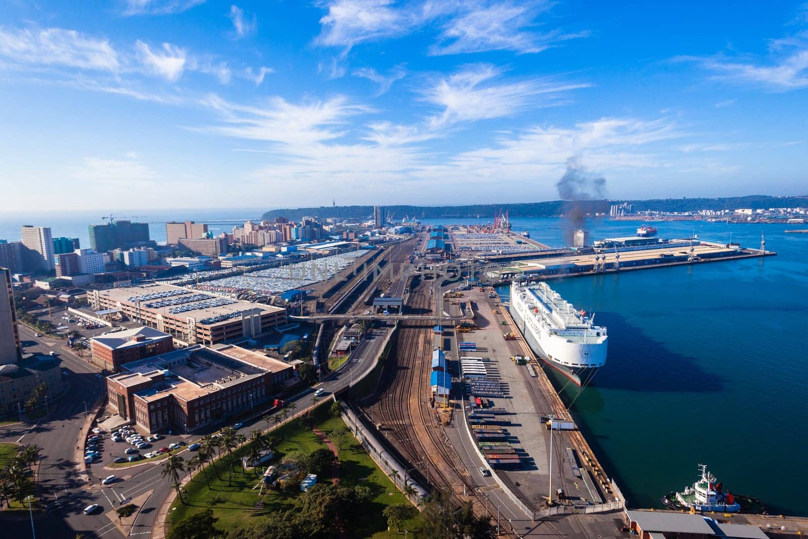 Durban harbor port sea water ships boats landscape from birds-eye air position.