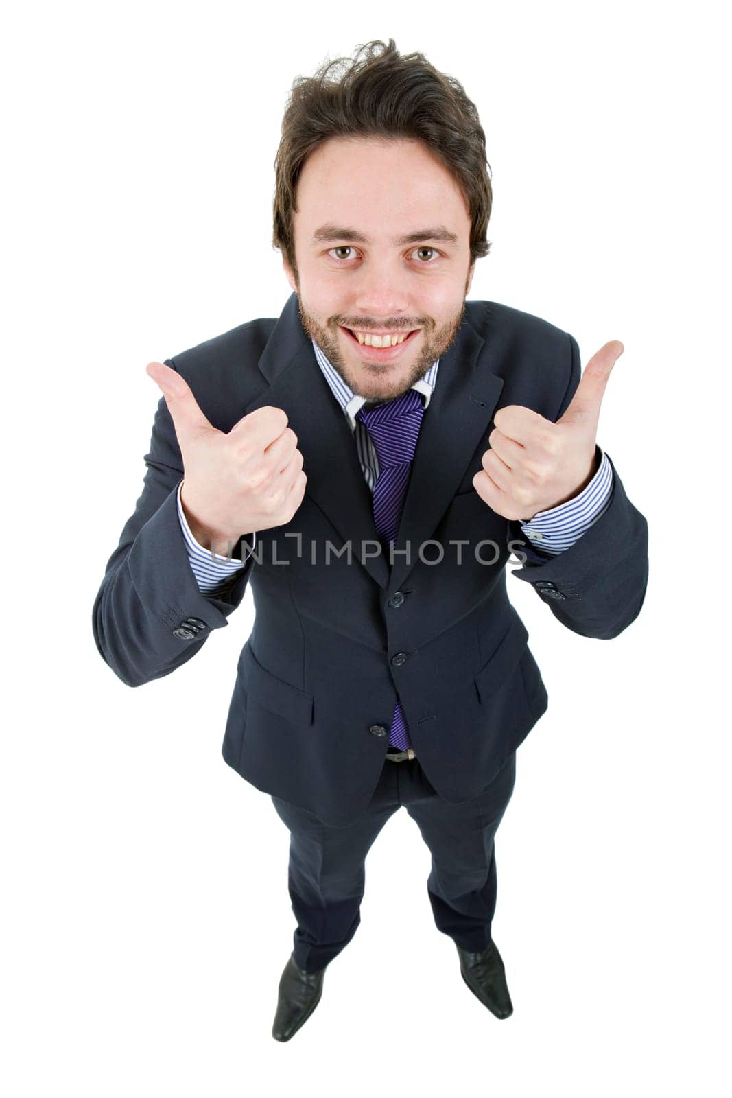 young business man going thumb up, isolated on white