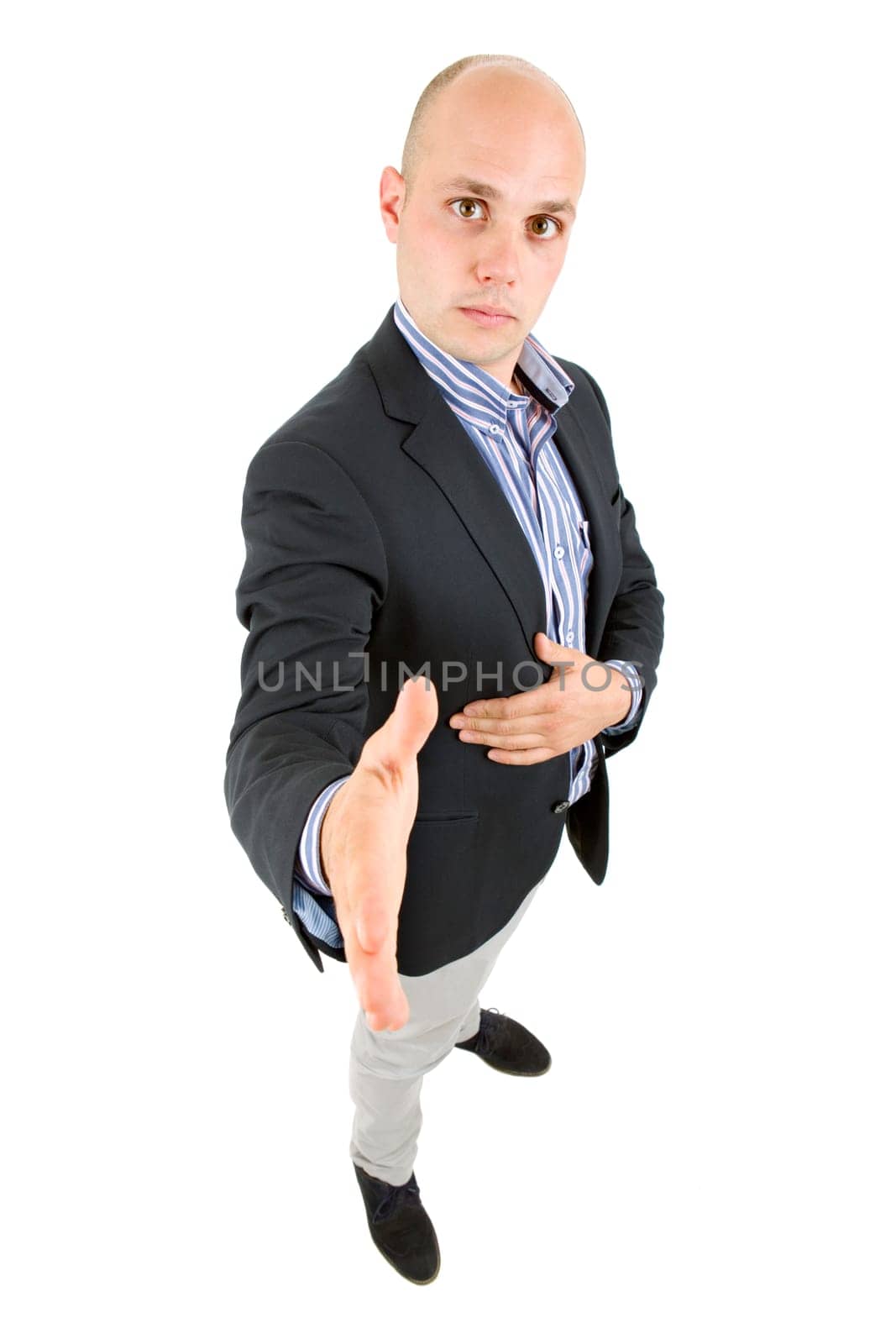 young casual man full body, offering his hand, in a white background
