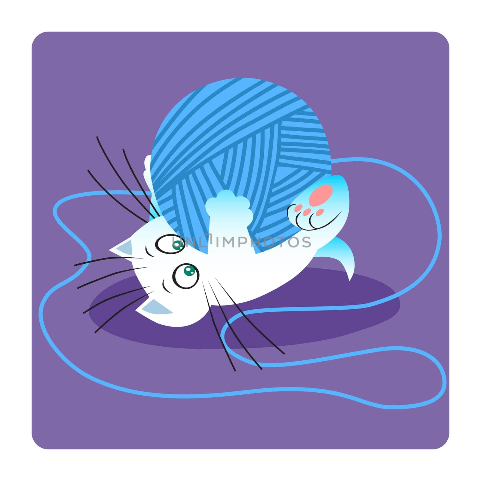 White cat or kitten is playing with a blue ball of yarn