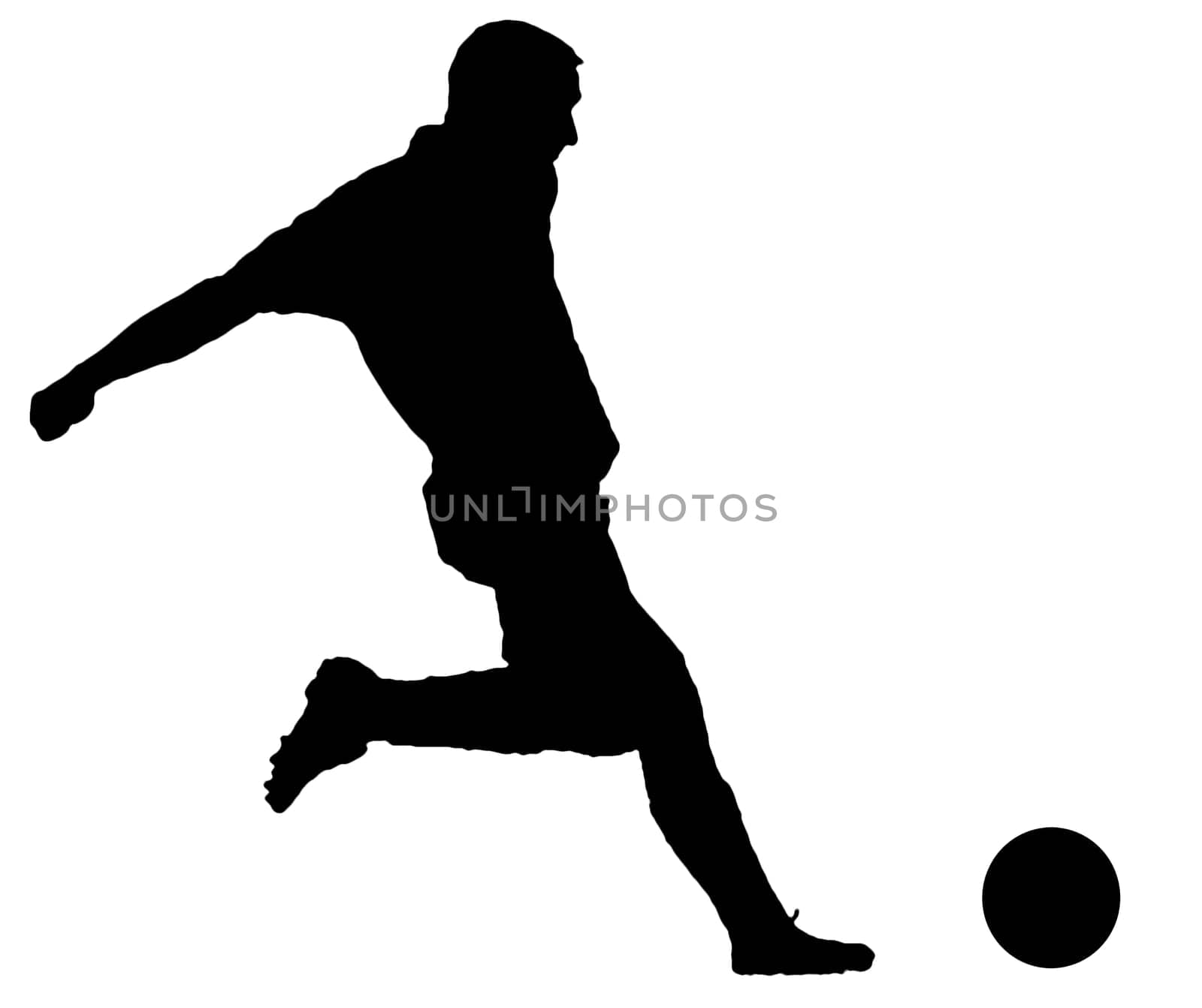 Soccer player as silhouette isolated on white while shooting a football