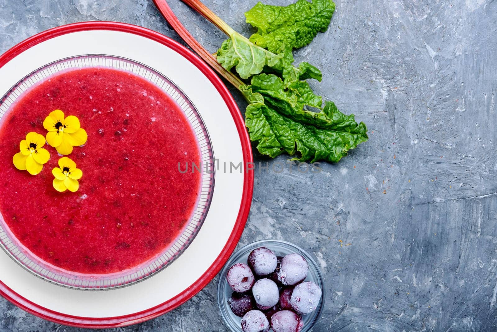Summer cool soup with cherry and rhubarb.Fruit soup. Summer food.