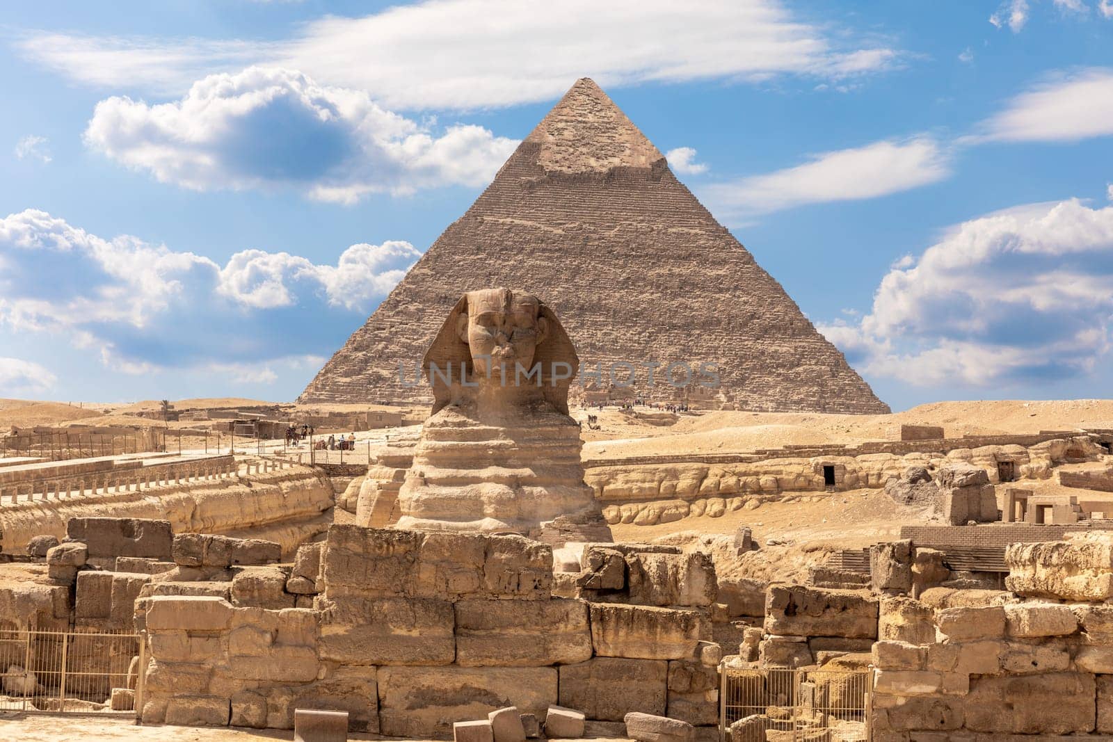 The Sphinx, the Pyramid of Chephren and the ruins of a temple in Giza, Egypt.