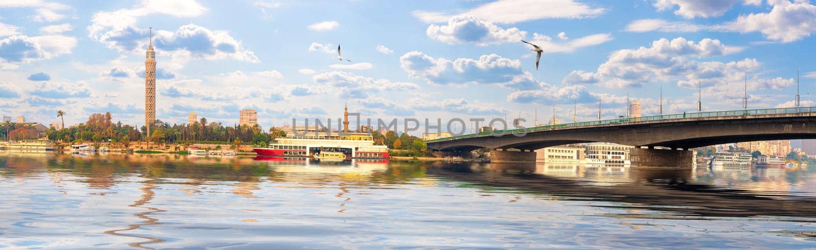 Cairo bridge over the Nile and the Tower, panoramic view.