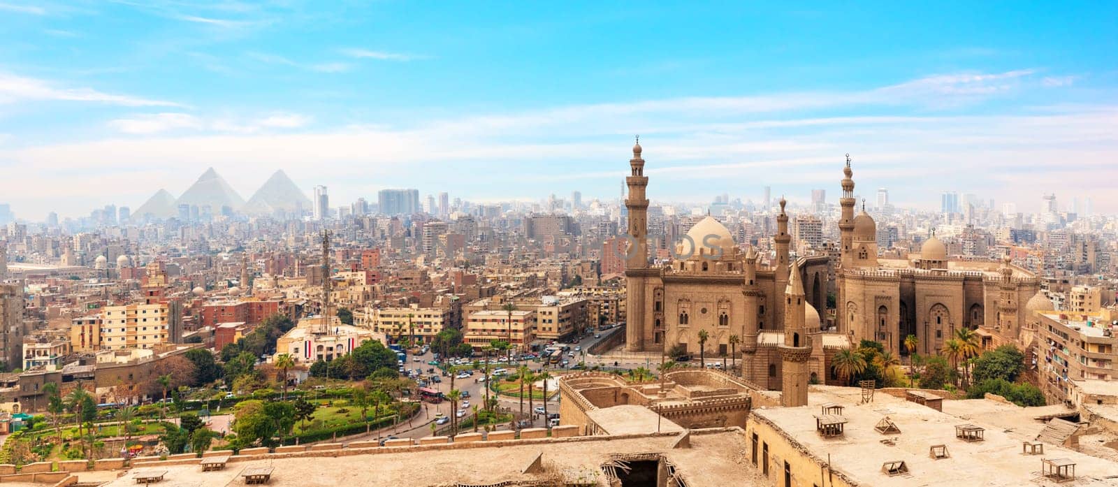The Mosque-Madrassa of Sultan Hassan  in the panorama of Cairo, Egypt.