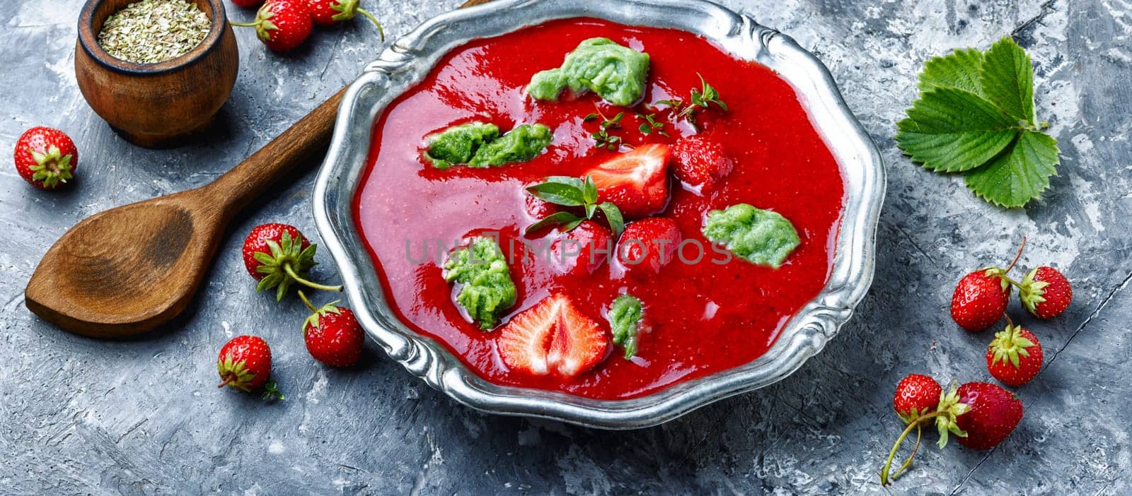 Summer cool soup with strawberry.Fruit soup.Summer food.