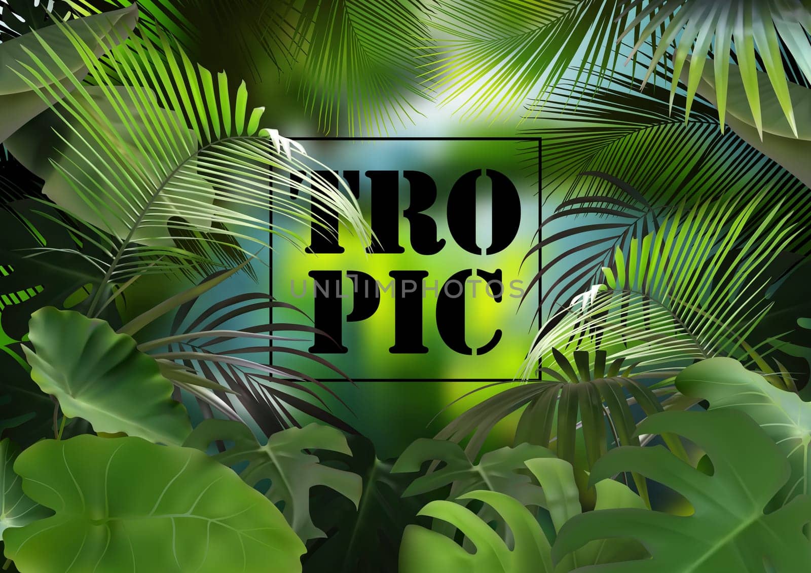 Tropical Background with Photorealistic Vegetation - Exotic Composition with Detailed Tropical Plants and Blurred Jungle, Illustration
