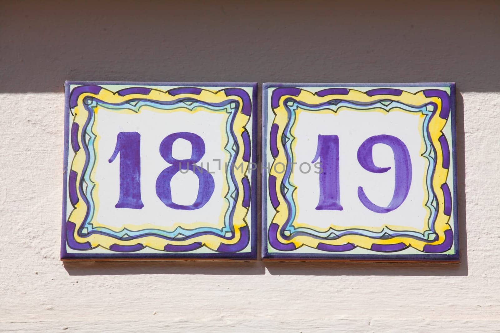 colorful house nameplate number 18-19, colorful tiles, Germany, Europe